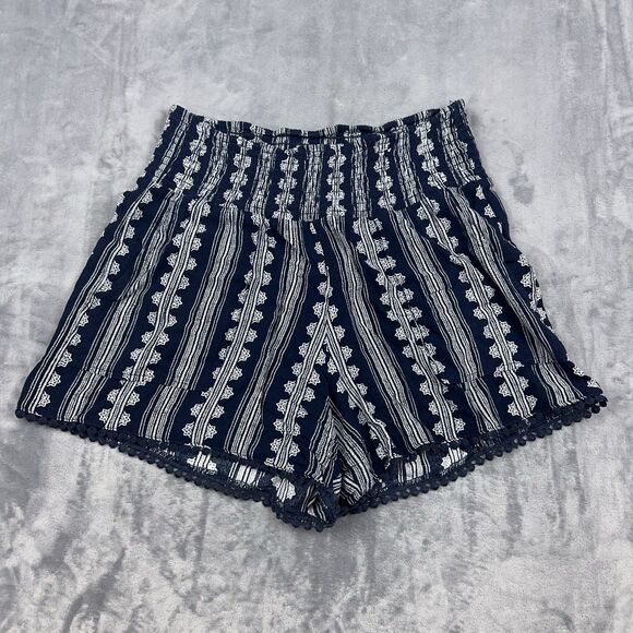 Three Dots Pants - Three Dots Pull On Shorts Womens Sz M Navy Stripe Batik Smocked Waist Boho